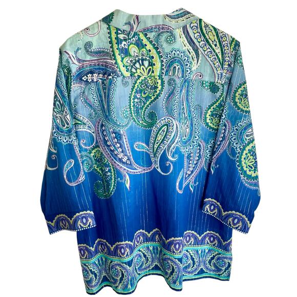 Chico's Blue Green Silver Metallic Paisley Button Up Shirt Sz 16 Casual Career - Picture 2 of 8